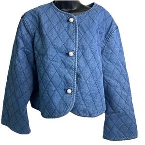 Kate Spade Jacket Womens Medium Blue Quilted Pearl Button Denim Cropped New